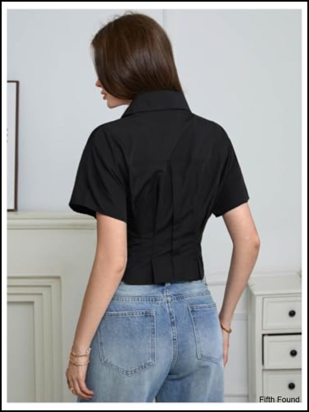Y2K Cinched Waist Button Down Pleated Shirt, Cropped, Short Sleeve, Stand - Picture 2 of 6